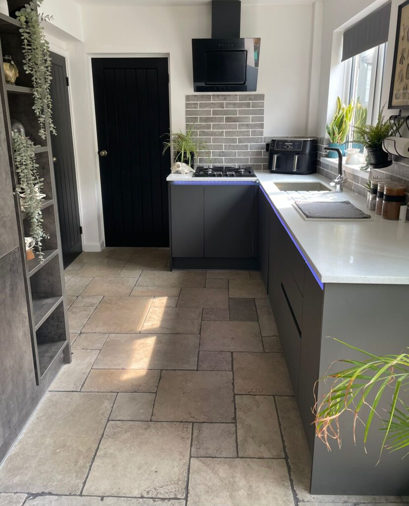 Contemporary dark grey kitchen with integrated oven and hood