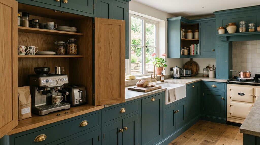 Bespoke shaker kitchen with breakfast cupboard and hidden appliance storage