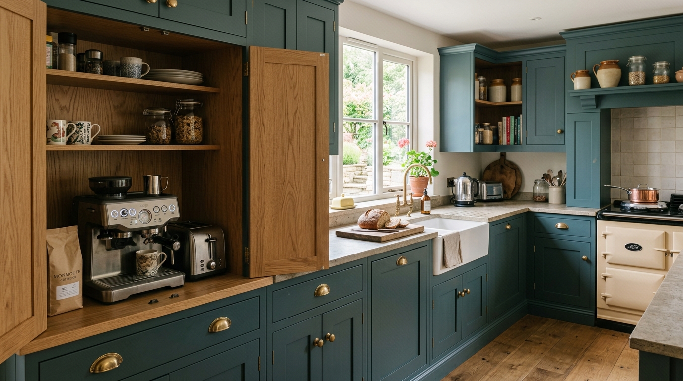 Bespoke shaker kitchen with breakfast cupboard and hidden appliance storage