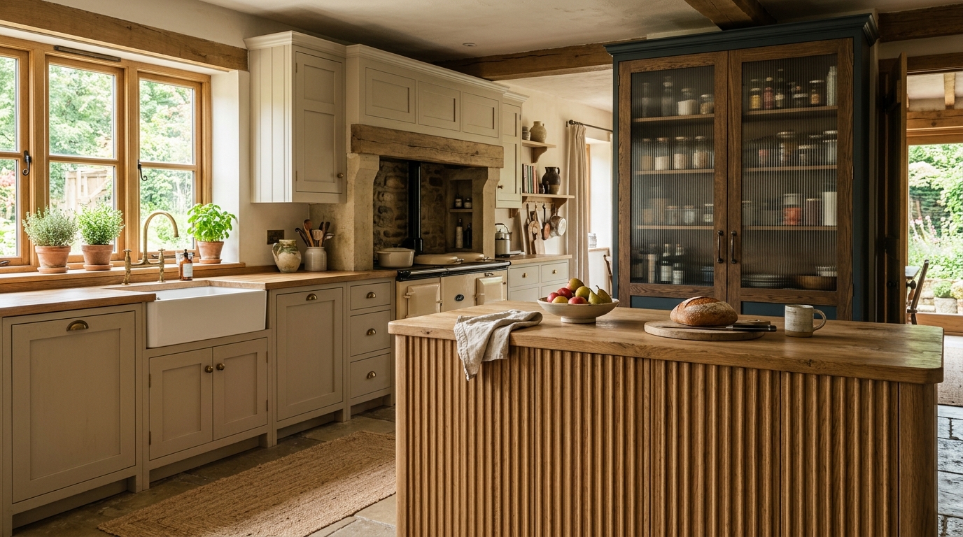 Textured kitchen cabinets with fluted timber island and reeded glass pantry doors
