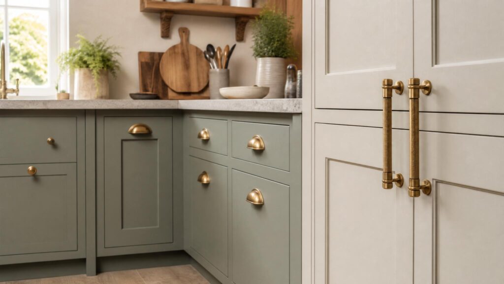 Bespoke kitchen handles in brass on painted shaker cabinetry