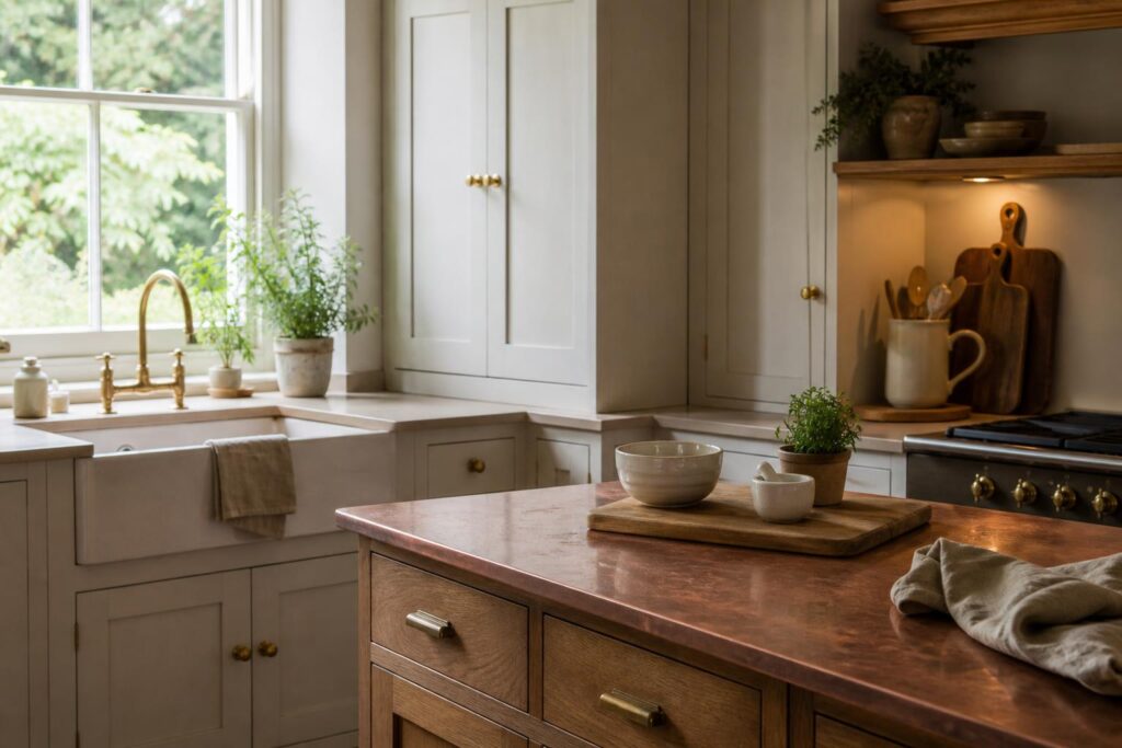 Aged copper worktop in a bespoke UK kitchen with painted cabinetry and oak drawers