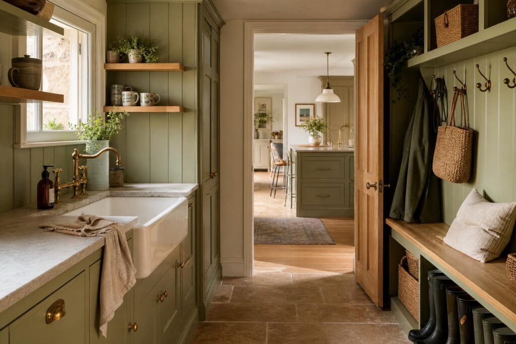 Bespoke back kitchen joinery with painted cabinets, Belfast sink and practical boot room storage