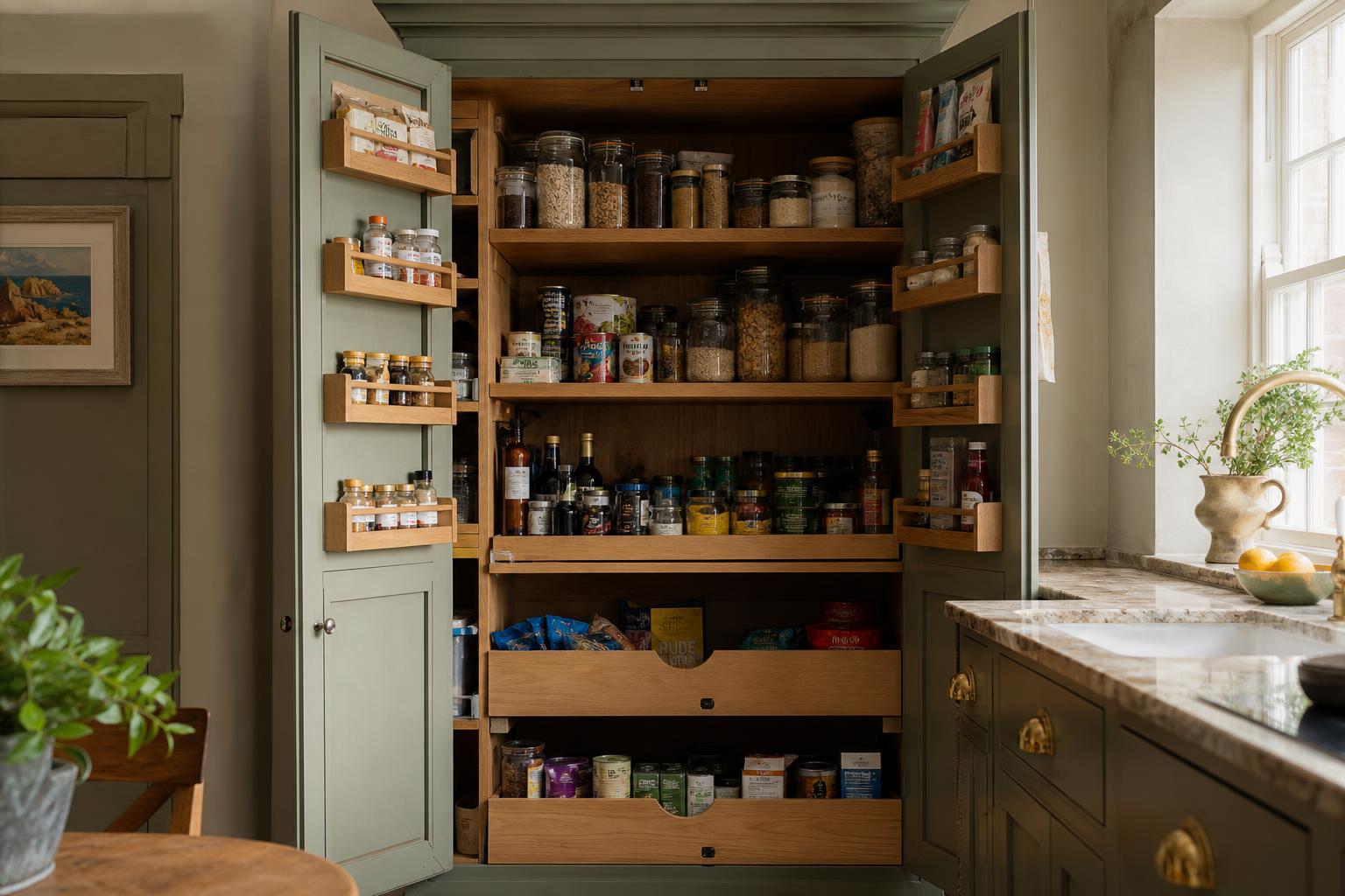 Open bespoke larder cupboard with solid oak shelves and shallow door storage in a UK kitchen