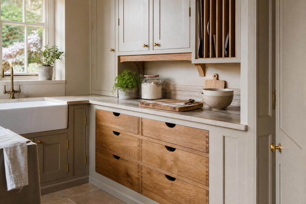 Bespoke kitchen prep zone with oak drawers, tray storage and stone worktop