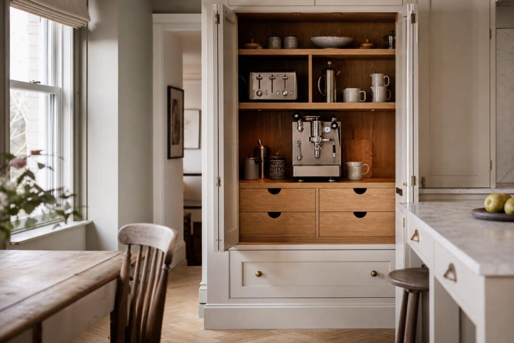 Bespoke breakfast cupboard joinery with pocket doors in a British kitchen