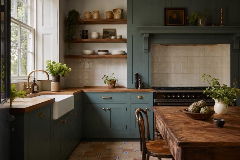 Characterful bespoke kitchen joinery with painted timber cabinets, oak shelving and brass handles