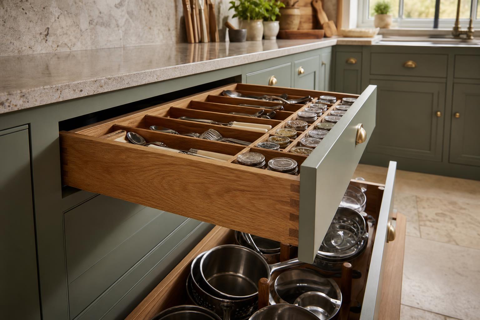 Solid oak dovetail kitchen drawers with bespoke internal storage in a hand painted kitchen