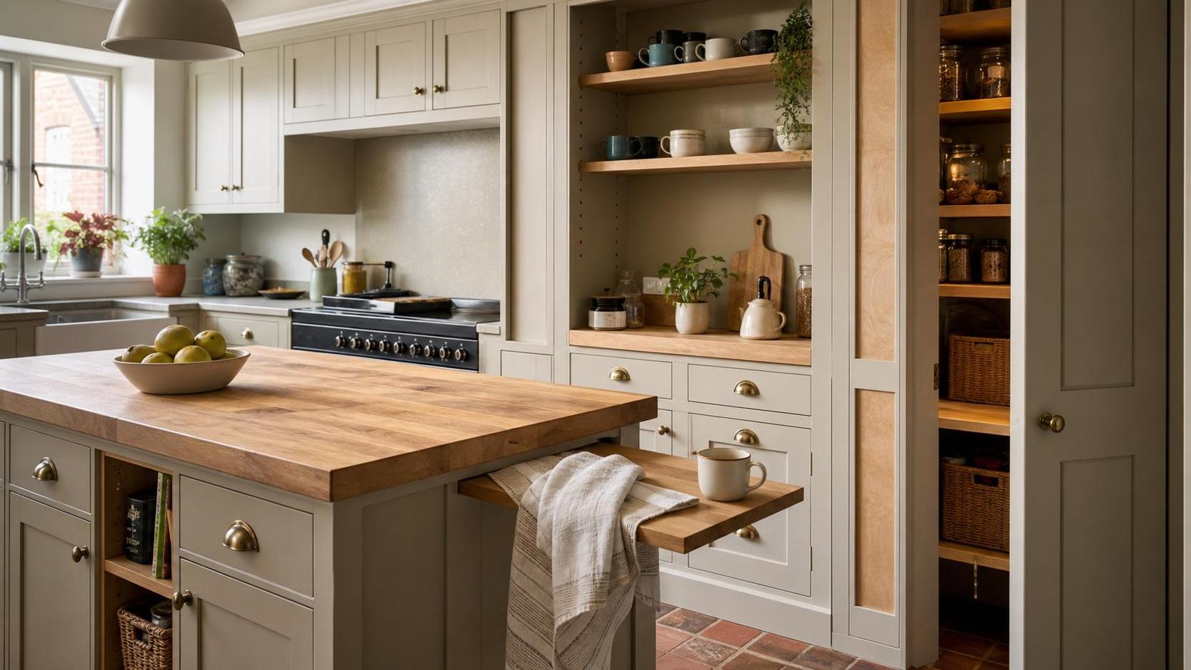 Bespoke flexible kitchen joinery with adjustable shelving, pantry storage and a pull-out work surface