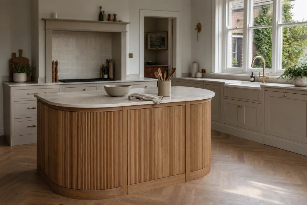 Bespoke kitchen island with fluted oak joinery and warm neutral fitted cabinets