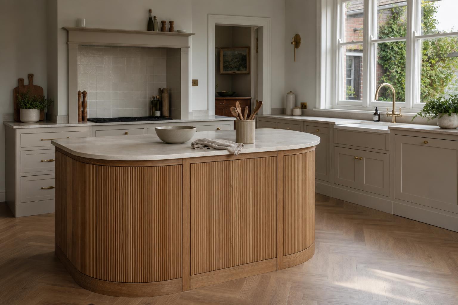 Bespoke kitchen island with fluted oak joinery and warm neutral fitted cabinets
