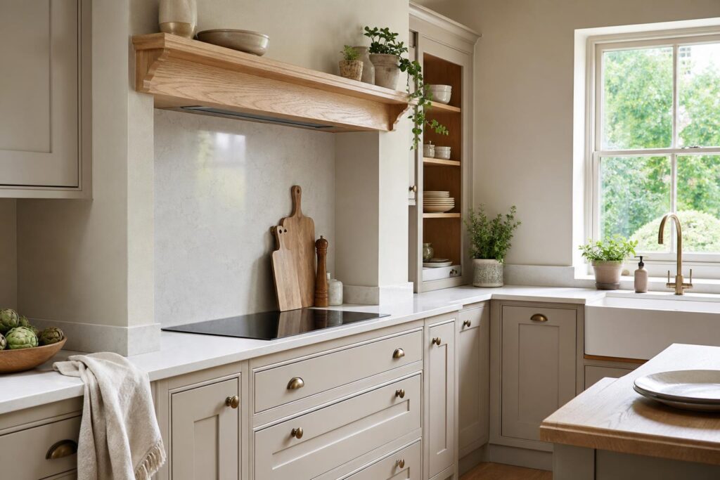 Bespoke UK kitchen with a full-height quartz splashback behind the hob