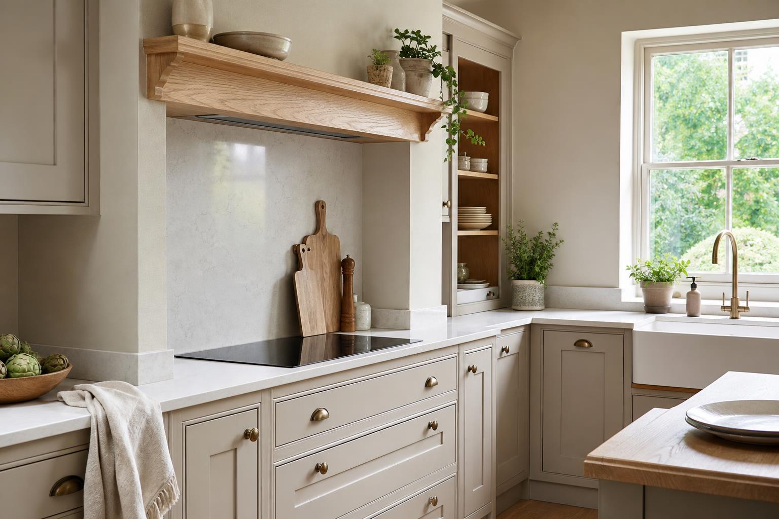 Bespoke UK kitchen with a full-height quartz splashback behind the hob