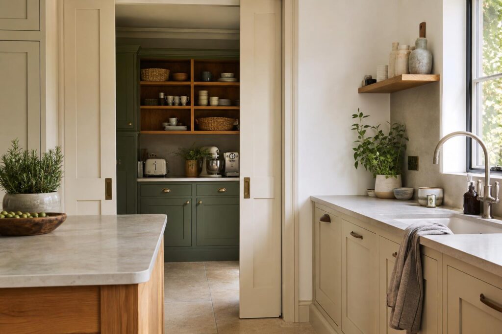Hidden scullery kitchen with bespoke painted cupboards, oak shelving and stone worktops