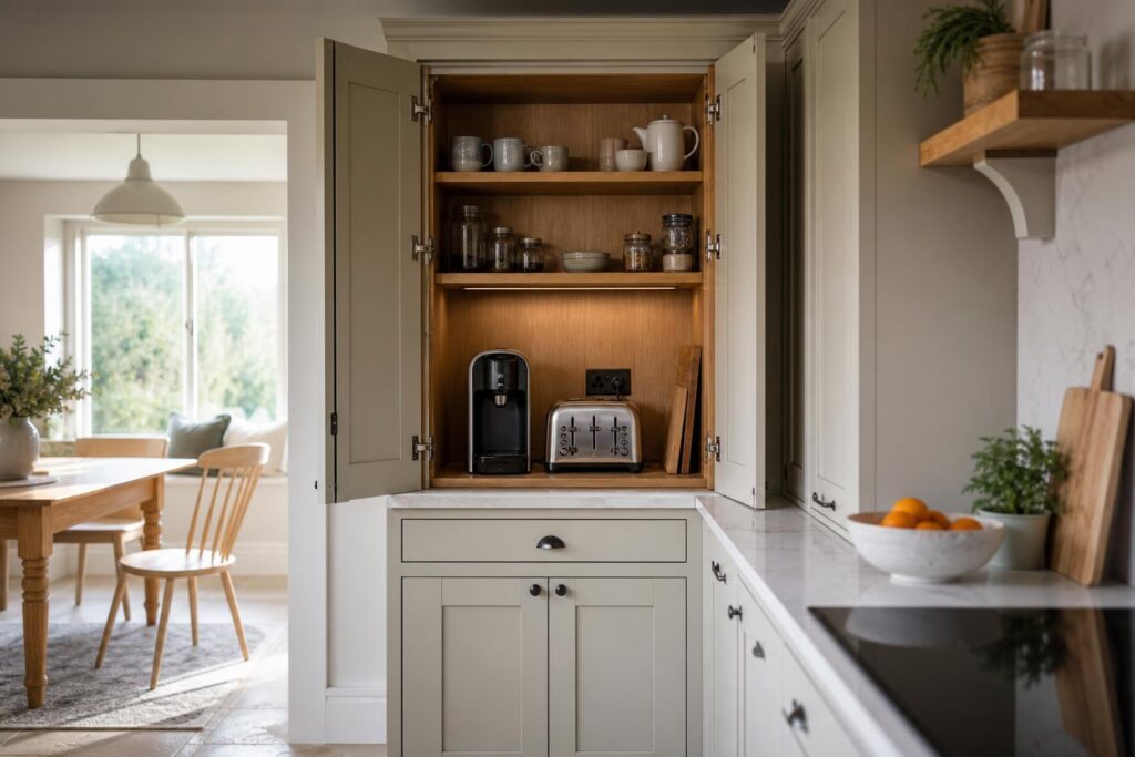 Bespoke kitchen appliance cupboard with coffee machine, toaster and oak internal shelving