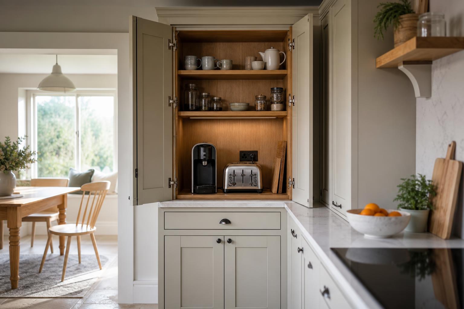 Bespoke kitchen appliance cupboard with coffee machine, toaster and oak internal shelving