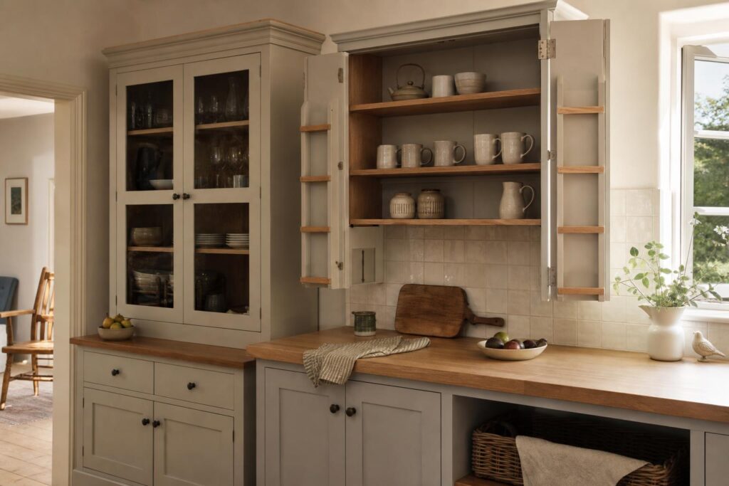 Bespoke painted kitchen dresser and countertop cabinet in a UK home