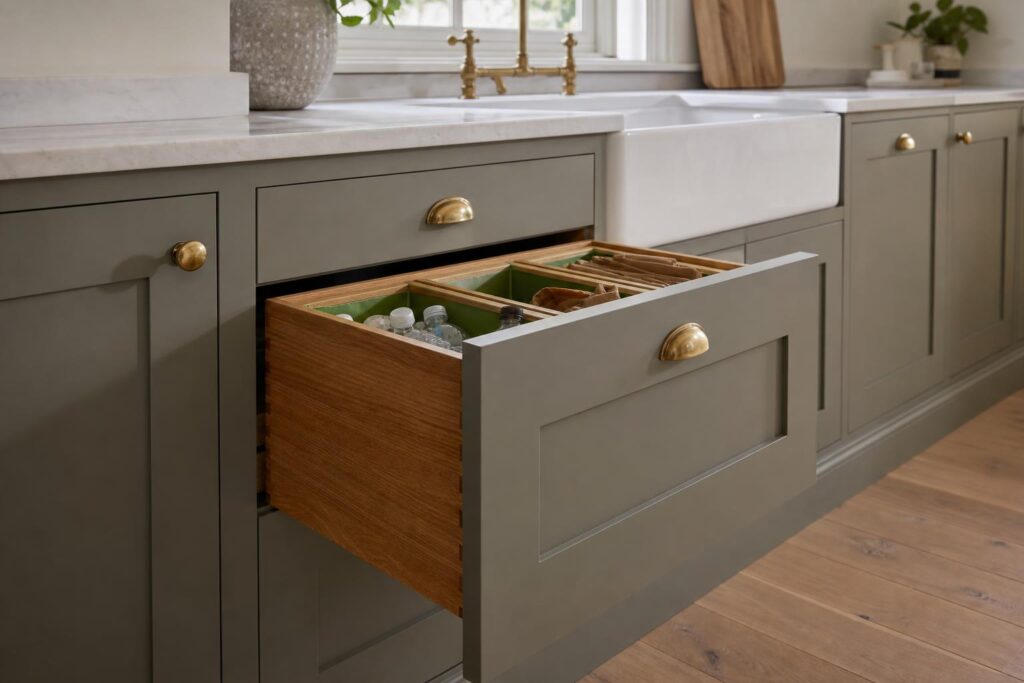 Bespoke kitchen recycling drawer joinery with divided pull-out bins in a fitted UK kitchen