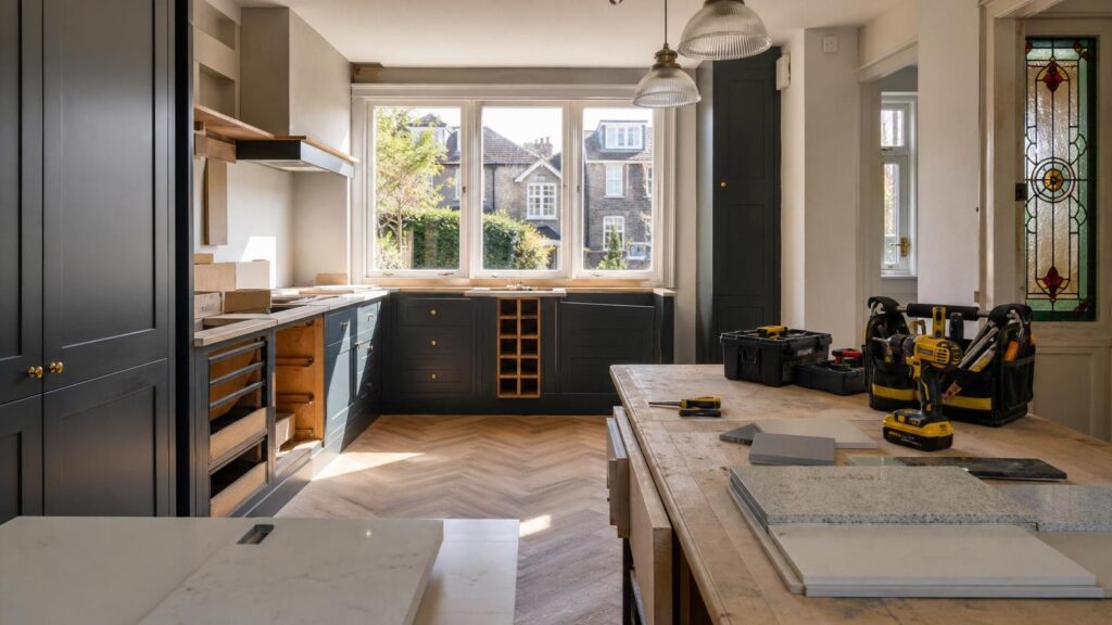 Bespoke kitchen renovation with fitted timber cabinetry and worktop samples in a UK home