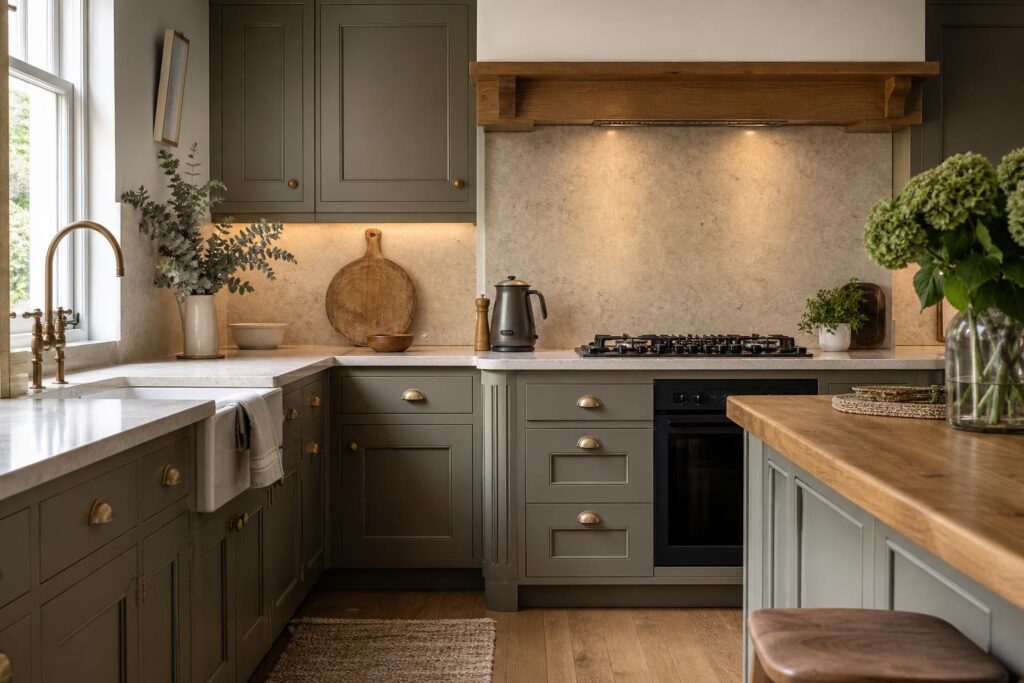 Bespoke fitted kitchen with full height stone splashback and handmade cabinetry