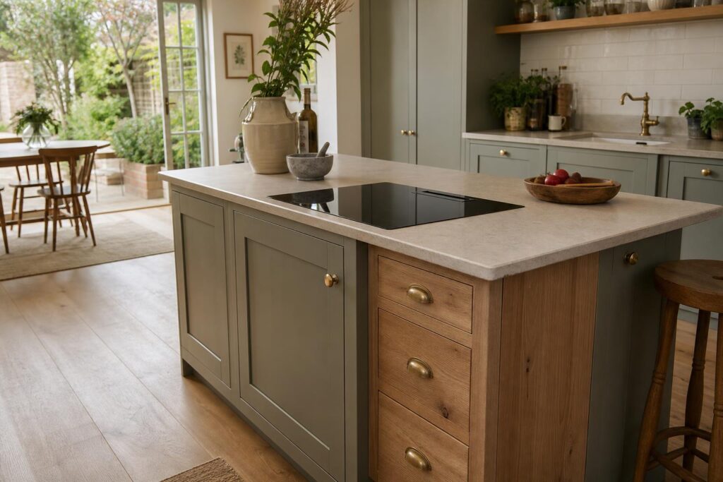 Bespoke UK kitchen island with induction hob and discreet ventilation