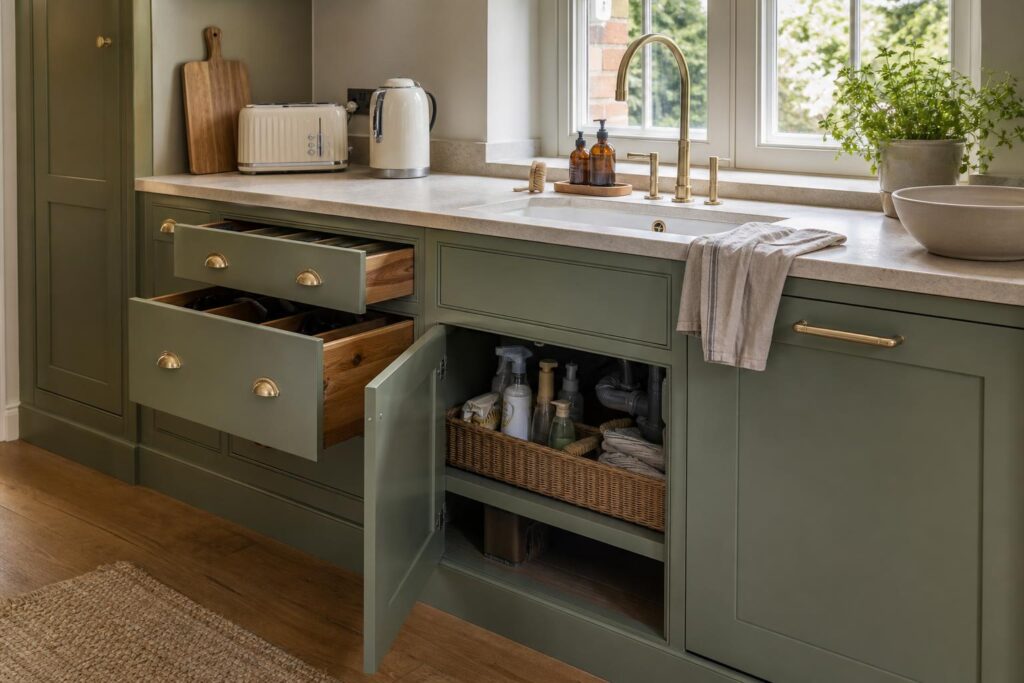Bespoke kitchen wet zone with sink, dishwasher and practical under-sink storage