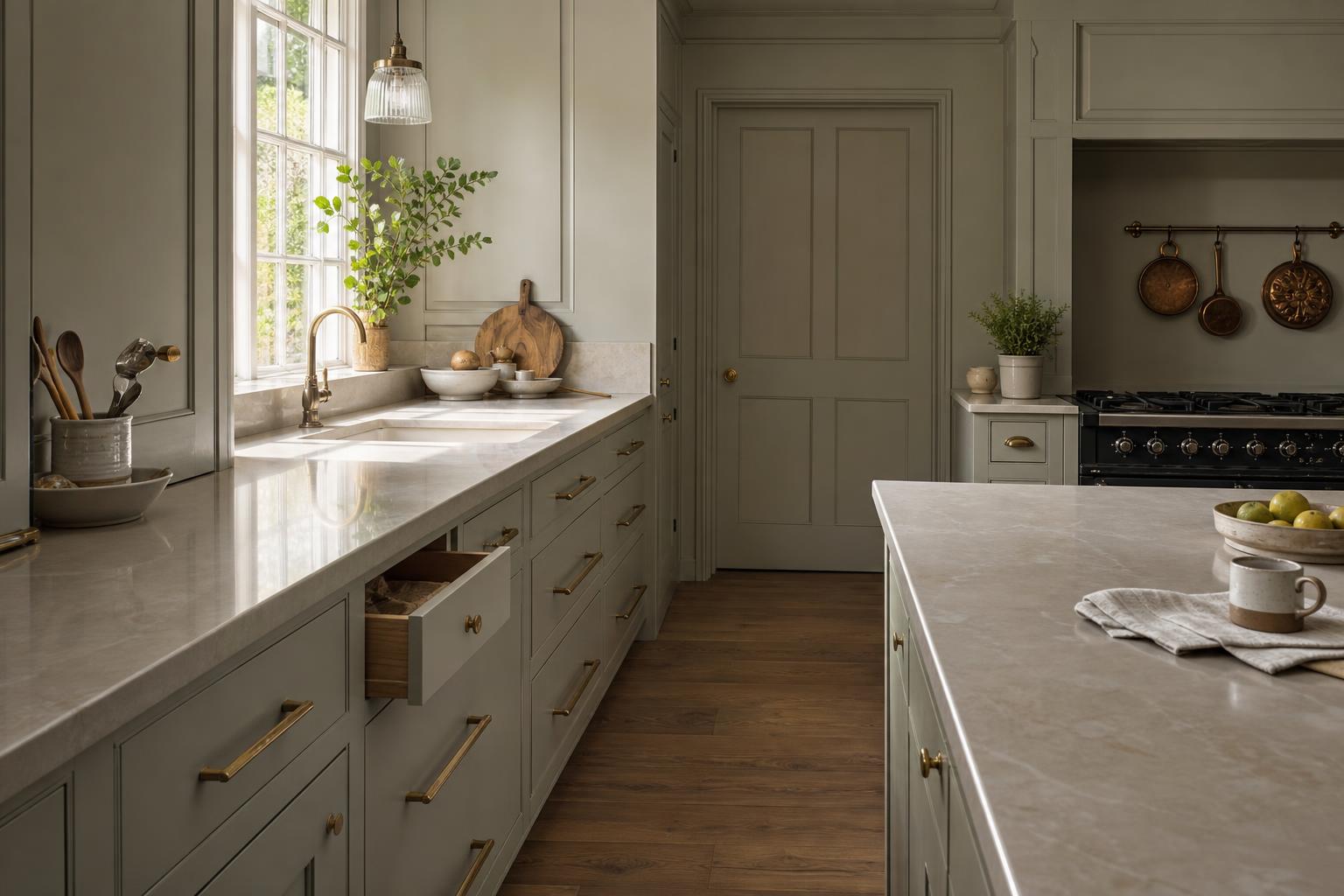 Monochromatic bespoke kitchen with painted shaker cabinetry and stone worktop