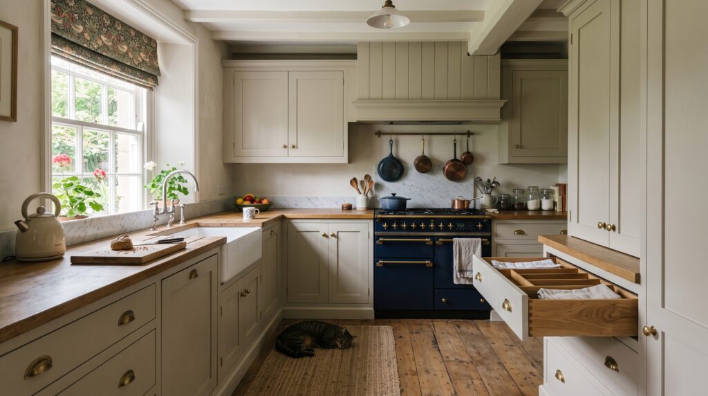 Quiet bespoke kitchen design with fitted joinery in a UK home