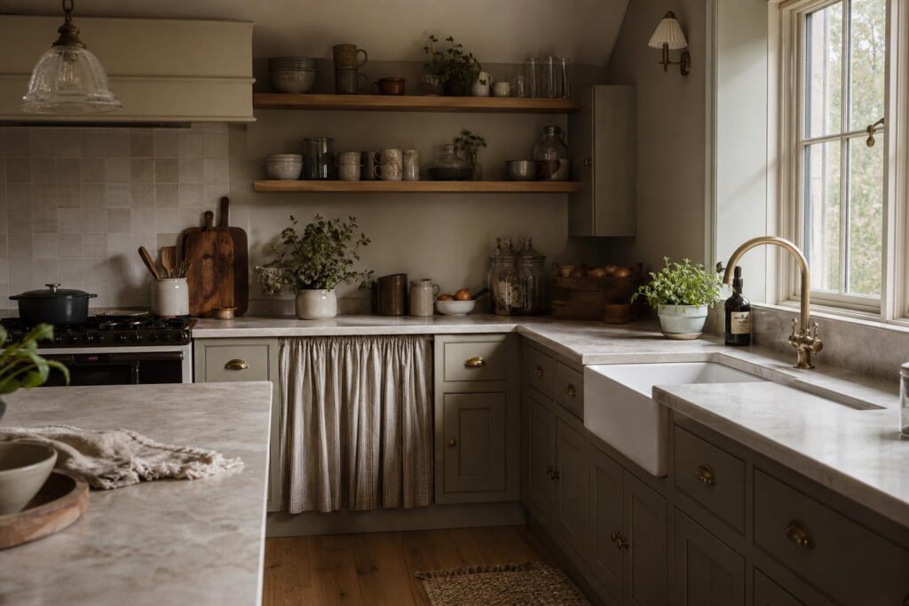 Warm bespoke kitchen with soft joinery details, timber shelving and fabric curtain storage