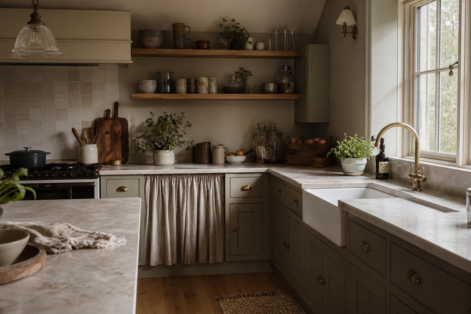 Warm bespoke kitchen with soft joinery details, timber shelving and fabric curtain storage