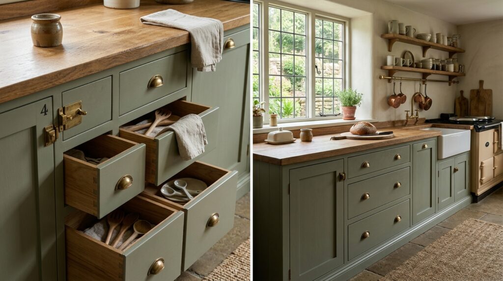 Bespoke Shaker kitchen with aged brass hardware and warm timber joinery