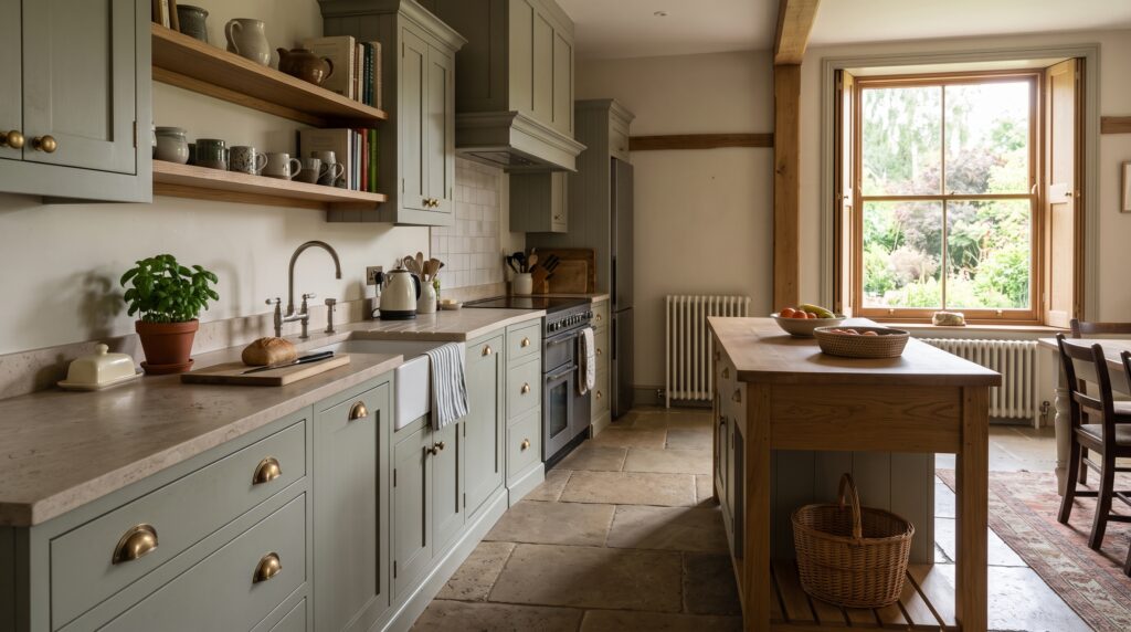 Honed stone worktops in a warm bespoke UK kitchen with painted joinery