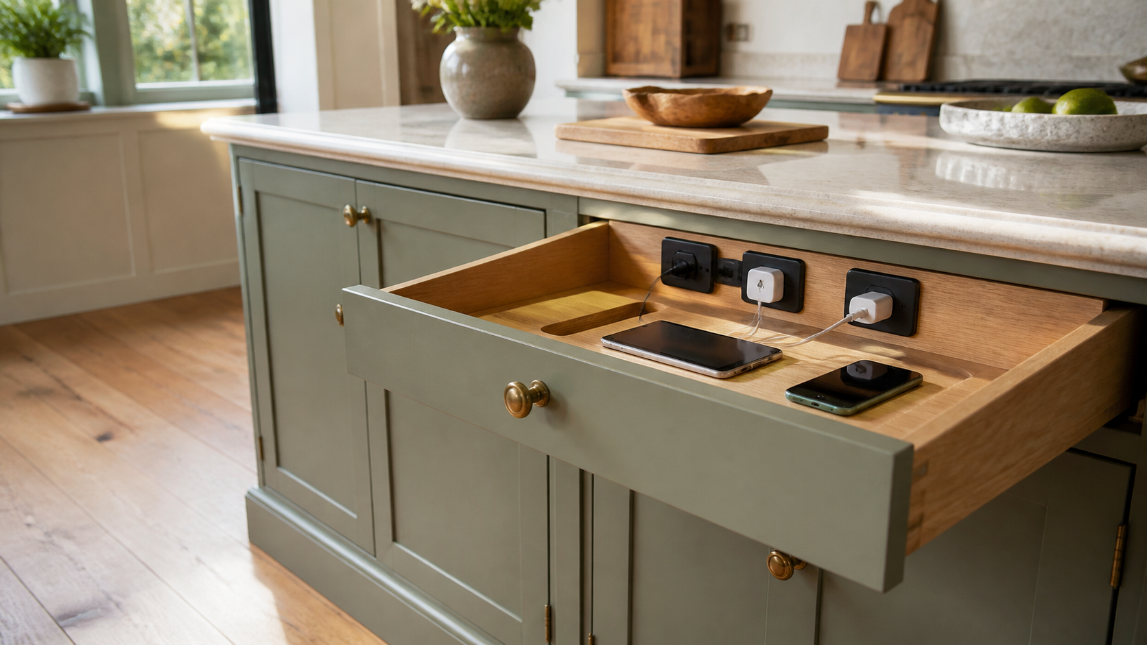 Integrated kitchen charging drawer in a bespoke fitted kitchen