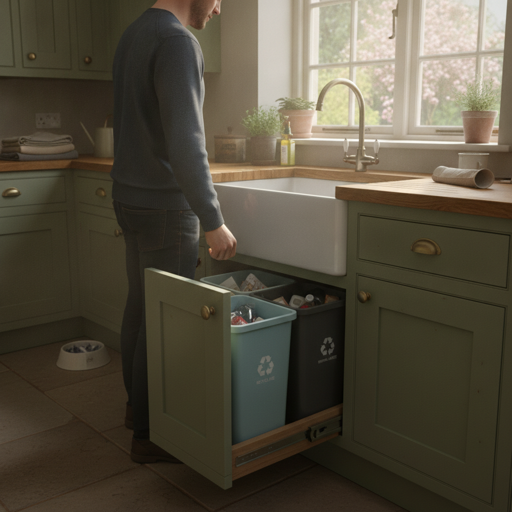 Bespoke pull-out kitchen bin storage drawer with separated recycling bins