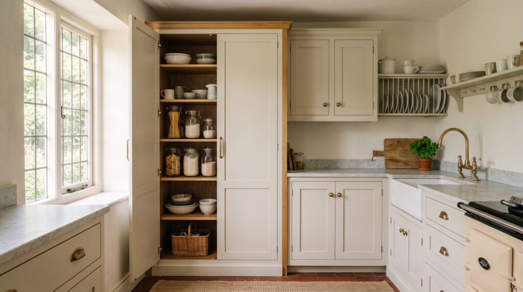 Bespoke mixed-depth kitchen joinery with a half-depth larder cupboard in a UK home