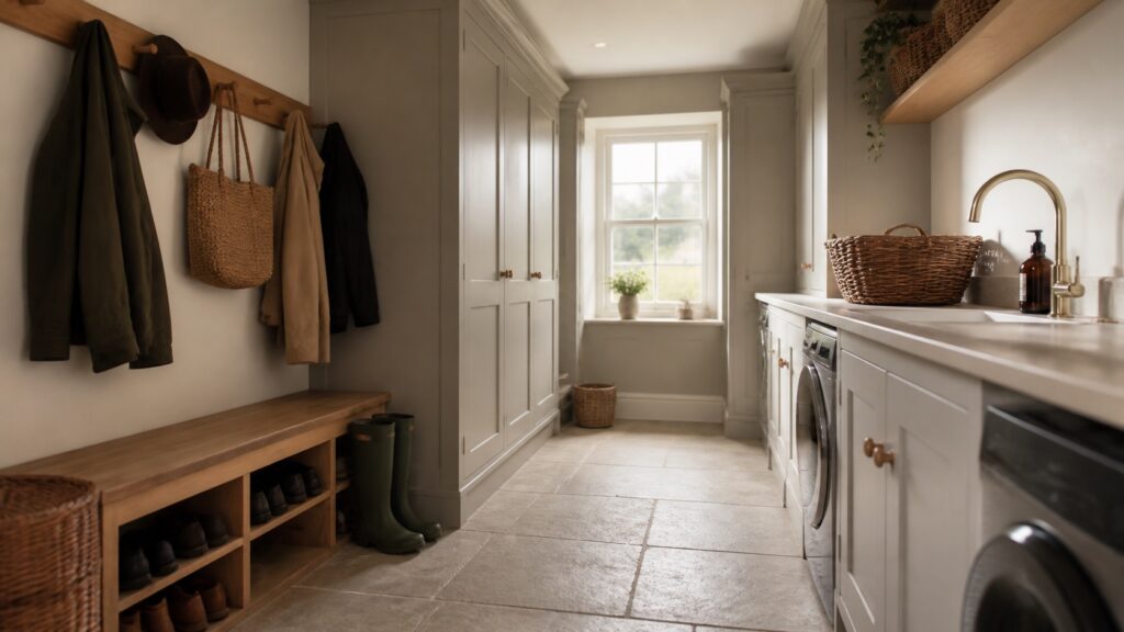 Bespoke utility room joinery with boot room bench, tall cupboards and laundry storage