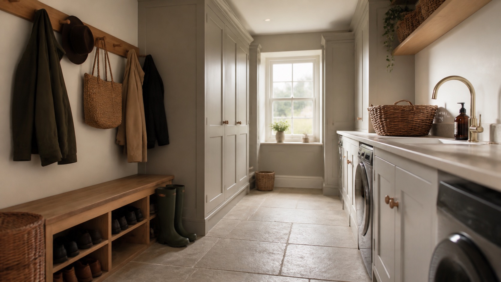 Bespoke utility room joinery with boot room bench, tall cupboards and laundry storage